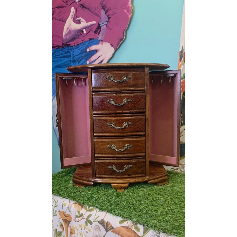 Vintage Mele Oak Wood Jewelry Box Drawers, Doors, And Lift Top 13.75